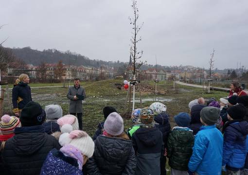 Bürgermeister Markus Renner übergibt im Bürgergarten im Beisein der 1. Klassen der Questenberg-Grundschule die Urkunde an den Förderverein der Schule.