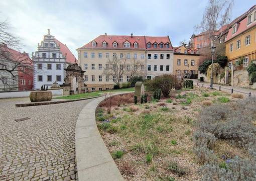 Begrünter Platz mit historischen Renaissancebauten im Hintergrund